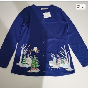 Quacker Factory Blue Holiday Embroidered Jacket